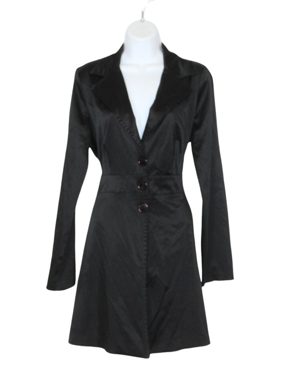 Vtg Y2K women's black satin button front jacket Size L mod retro mid length goth